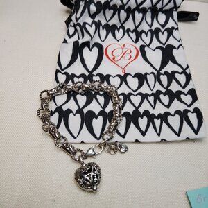 Brighton Bibi Heart Bracelet J34970 Silver Charm 7.5 to 8.5 Inch with Dust Bag